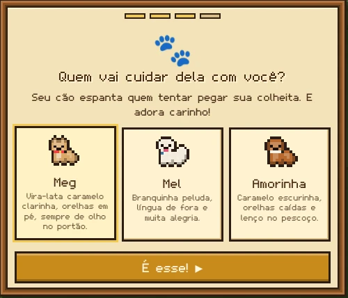 Tela de escolha do cão: Meg, vira-lata caramelo; Mel, branquinha peluda; Amorinha, caramelo escurinha de lenço
